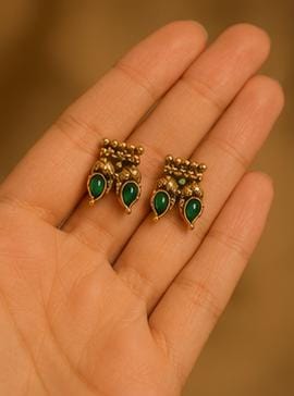 Traditional South Indian Antique Gold Mango Design Green Kemp Stone Necklace Set in Germany