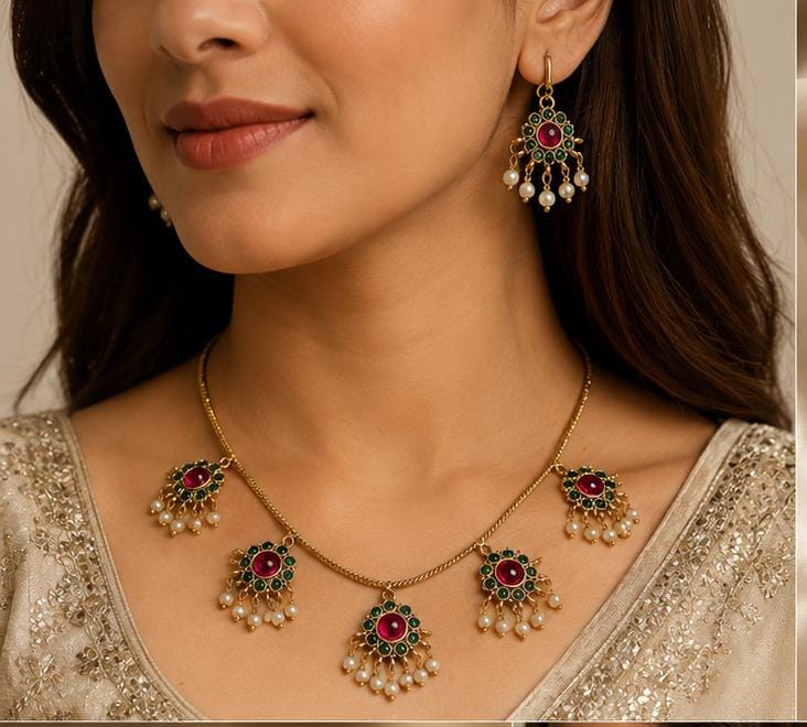 Antique Gold-Plated Kemp Attigai Necklace & Earring Set in Germany
