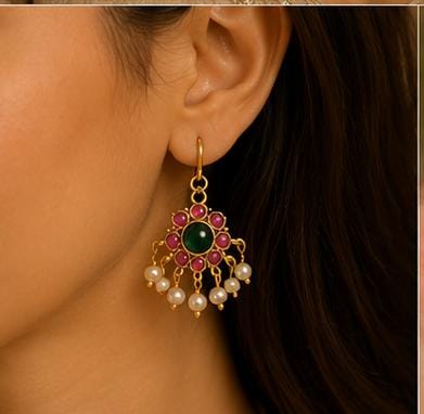 Traditional Gold-Plated Kemp Stone and Pearl Drop Attigai Necklace Set in Germany