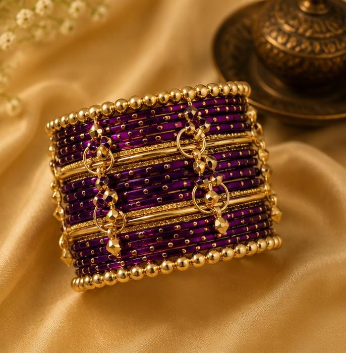 Purple Kashmiri Ghungroo Metal Bangle Set in Germany