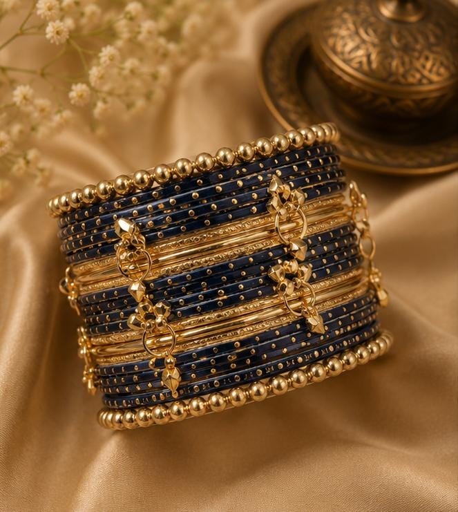 Navy Blue Kashmiri Ghungroo Metal Bangle Set in Germany