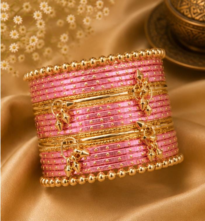 Pink Kashmiri Ghungroo Metal Bangle Set in Germany