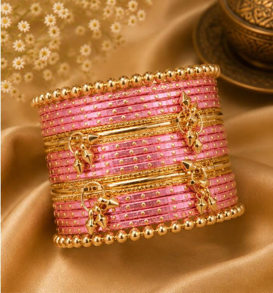 Pink Kashmiri Ghungroo Metal Bangle Set - Neha Couture Indian Fashion