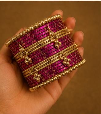 Dark Pink Kashmiri Ghungroo Metal Bangle Set in Germany
