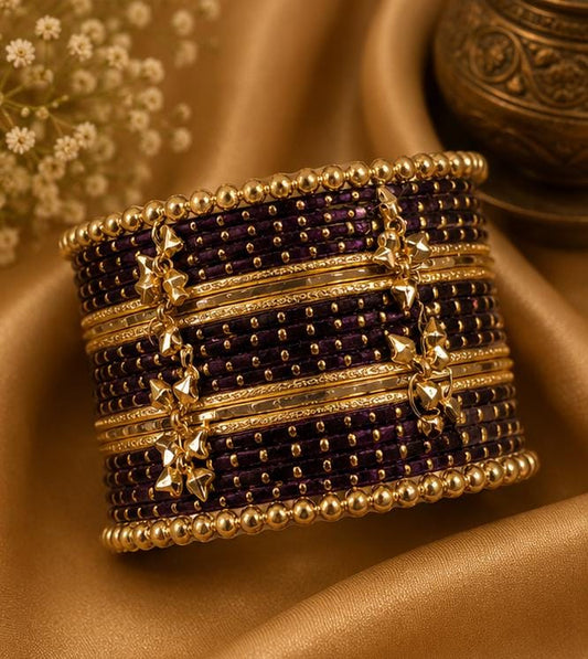 Deep Purple Kashmiri Ghungroo Metal Bangle Set - Neha Couture Indian Fashion