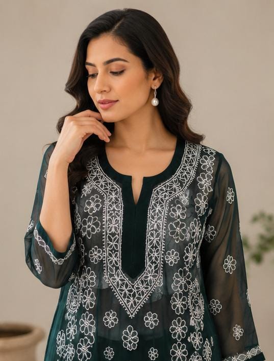 Bottele Green Hand Embroidered Lucknowi Chikankari Georgette Straight Kurta without inner in Berlin