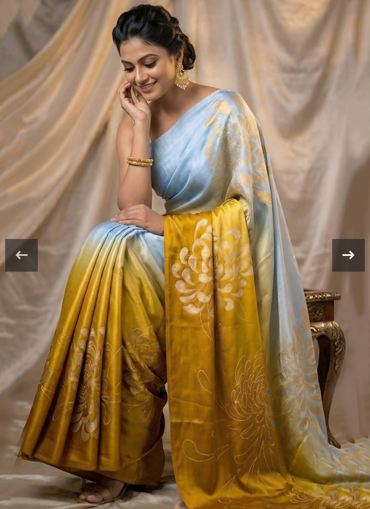 Chinon Silk Skyblue and Mustard Yellow Casual Wear Digital Print Work Saree in Germany