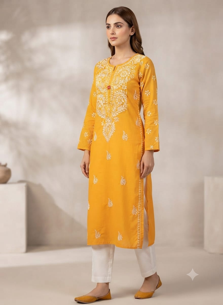 Yellow Chikankari Cotton Solid Women's Long Kurta in Berlin