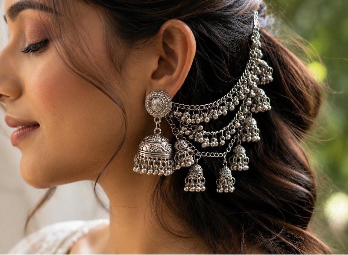 German Silver Oxidized Multi-Layer Bahubali Ear-Chain Jhumka in Germany