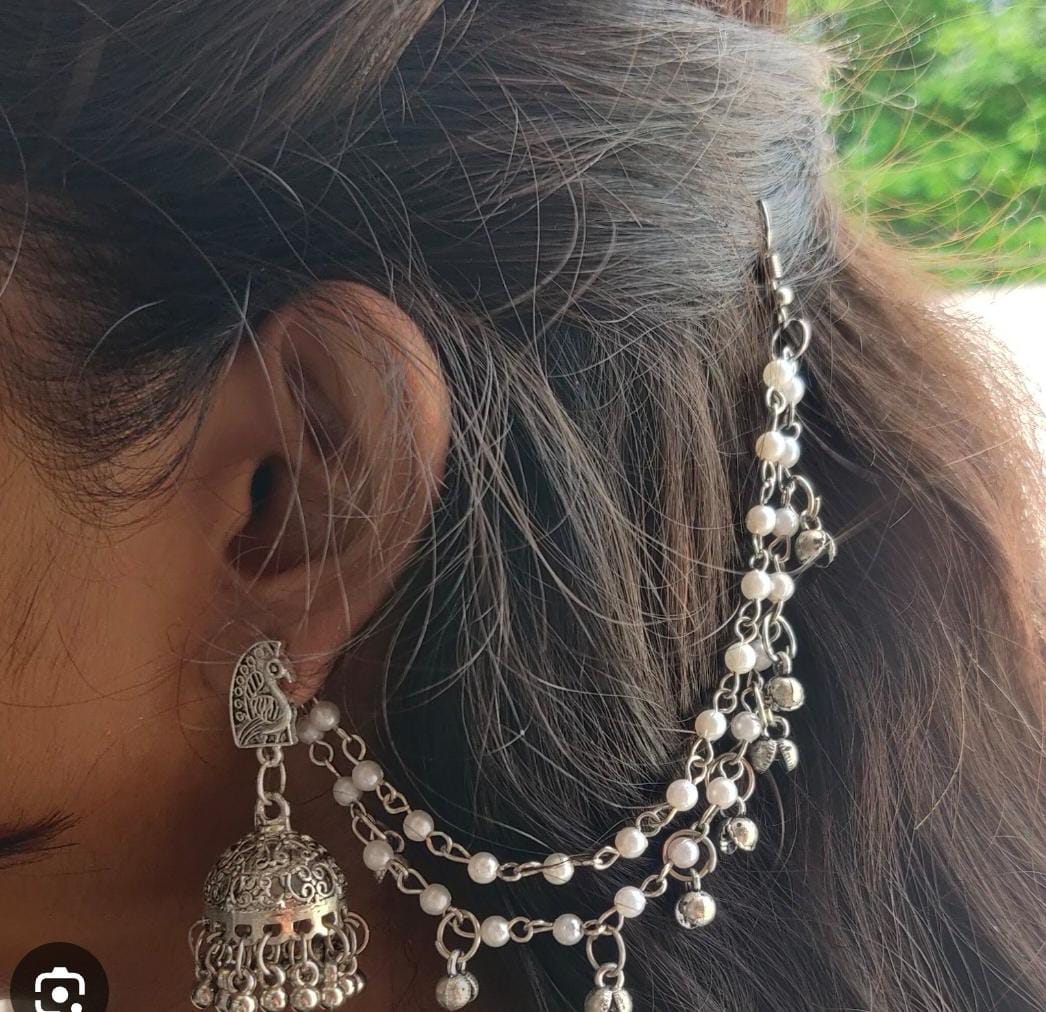 Traditional Oxidized Silver Jhumka Earrings with Pearl Ear Chains (Mattal / Sahara) in Germany