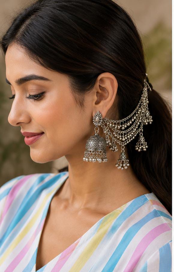 Oxidized Silver Bahubali Jhumka Earrings with Multi-Layered Sahara Ear Chains in Germany