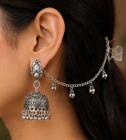 Oxidized Silver Bahubali Jhumka Earrings with Kaan Chain in Germany