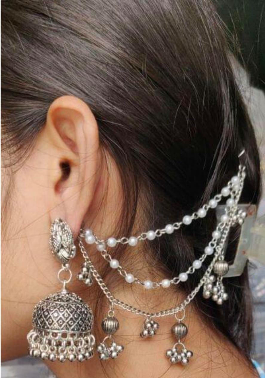 German Silver Oxidized Stud Jhumka Earring with a 3-Layer Pearl and Ghungroo Detachable Ear Chain (Sahara) in Germany