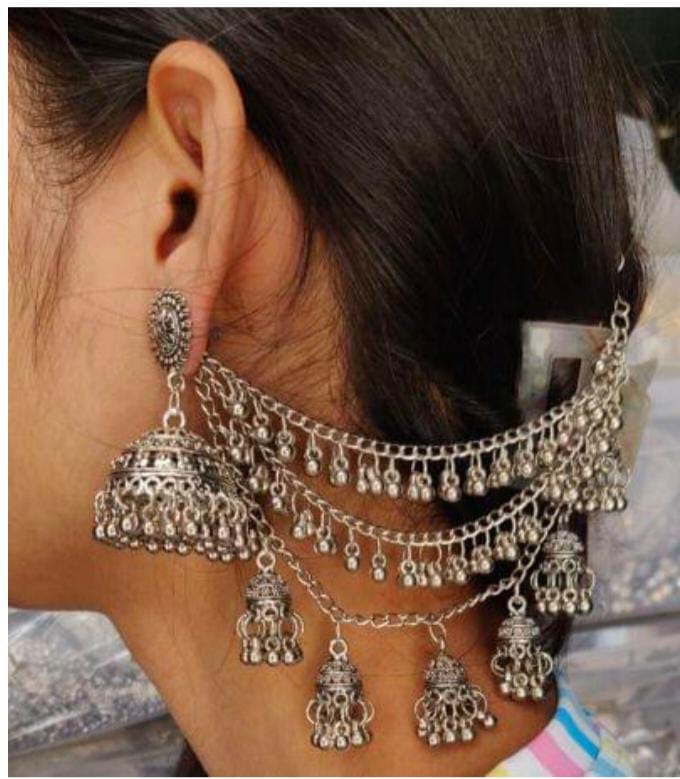 German Silver Oxidized Jhumka with a Multi-Layer Bahubali Ear Chain (Sahara) in Germany