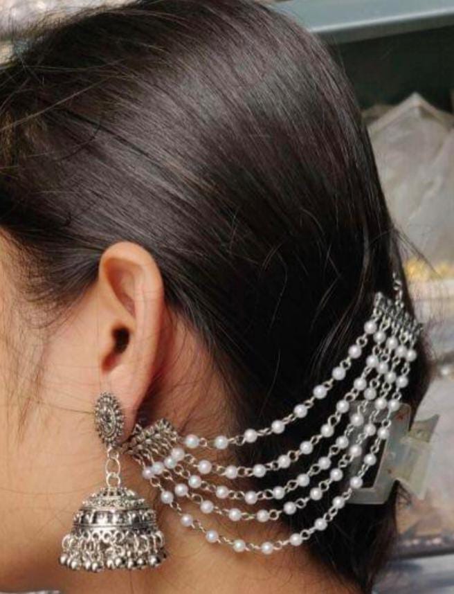 Oxidized German Silver Jhumka Earring with a multi-layered detachable Ear Chain in Germany