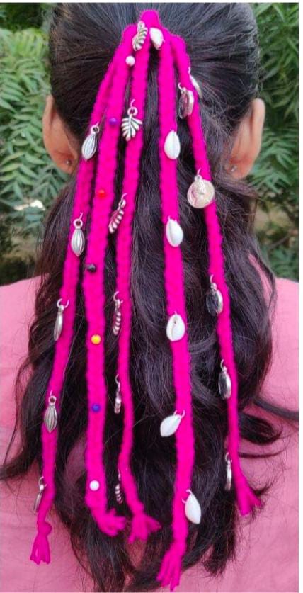 Handcrafted Boho Festive Pink Yarn Hair Parandi with Cowrie Shells & Metallic Charms in Germany