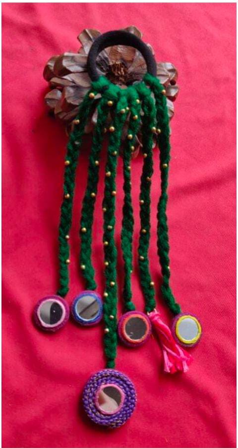 Handmade Green Woolen Hair Accessory with Mirror Work and Beads Rubber band in Germany
