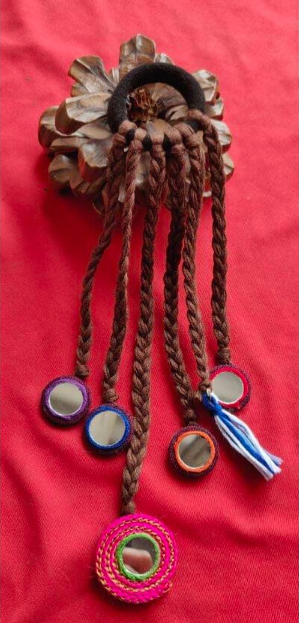 Handmade brown Woolen Hair Accessory with Mirror Work and Beads Rubber band in Germany