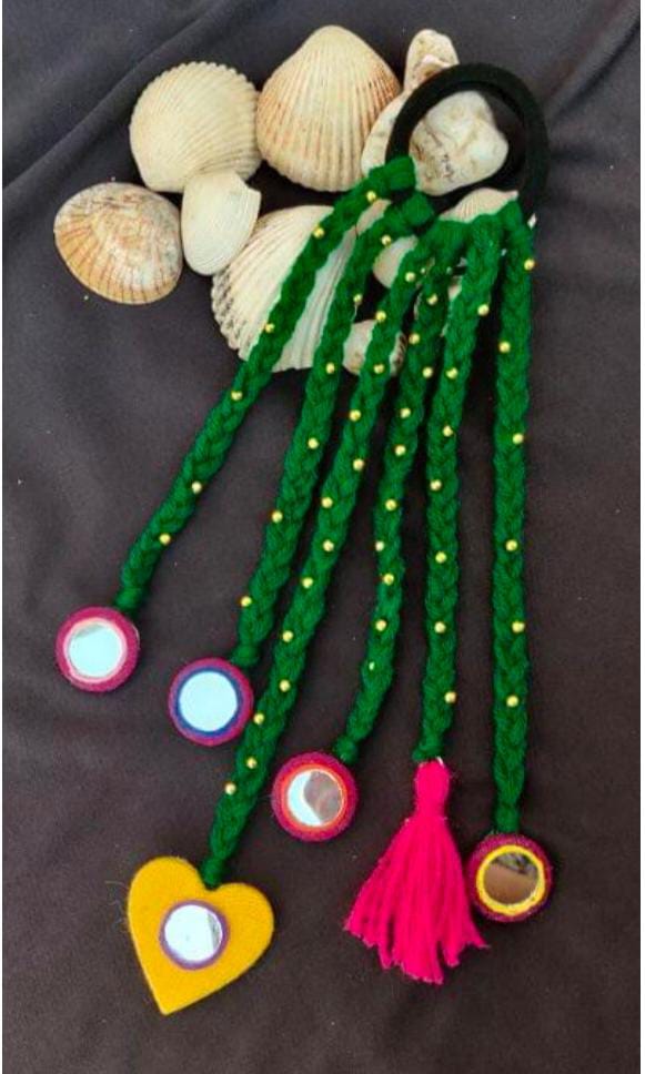 Boho Green Hair Braid Extension with Yellow Heart and Pink Tassel rubber band in Germany