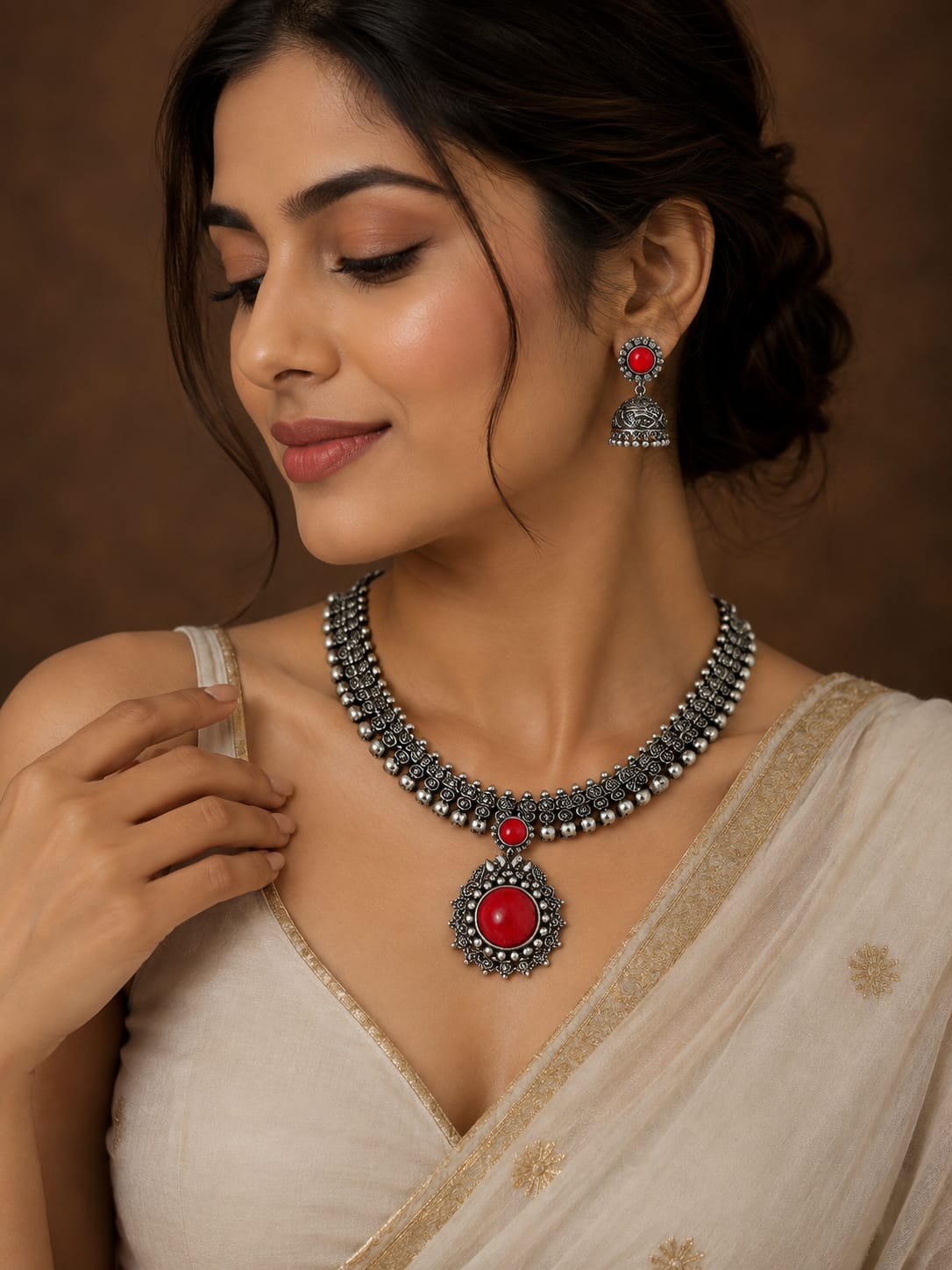 Red Gemstone Pendant Oxidised Necklace in Germany