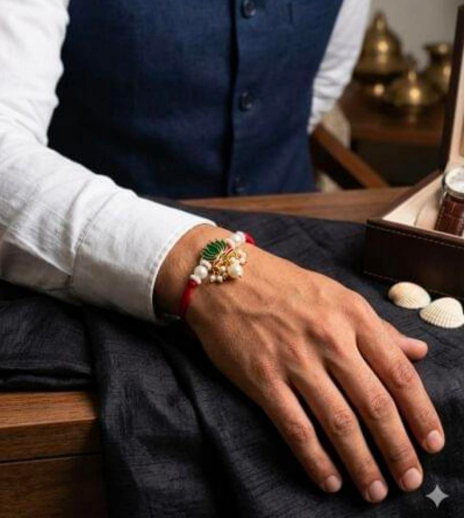 Traditional Meenakari and Pearl Lotus Designer Rakhi on Wrist in Germany