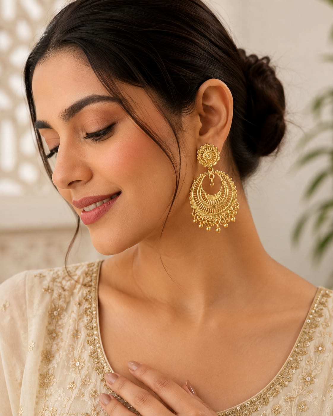 Gold Filigree Chandbali Earrings with Ghungroo Bead Fringe in berlin