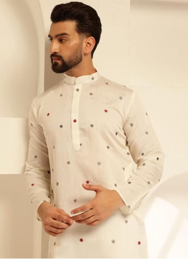 Floral Embroidered Cotton Silk Kurta and Pyjama for Men in Berlin
