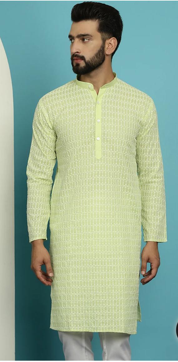 Men's Pure Cotton Green Kurta with White Embroidery in Berlin