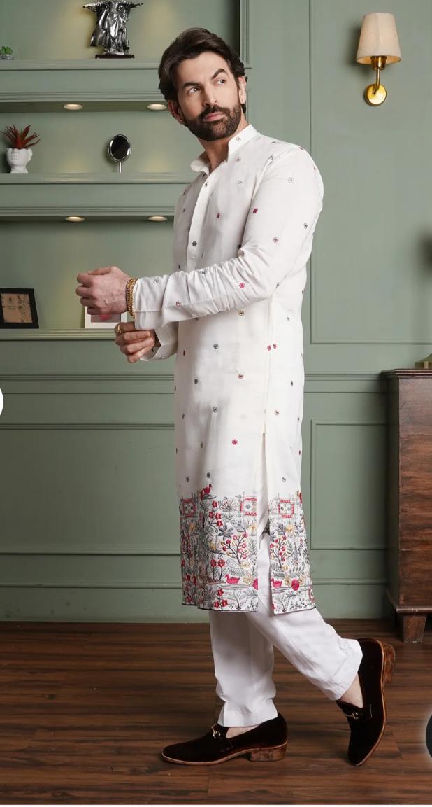 Floral Embroidered Cotton Silk Kurta and Pyjama for Men in Berlin