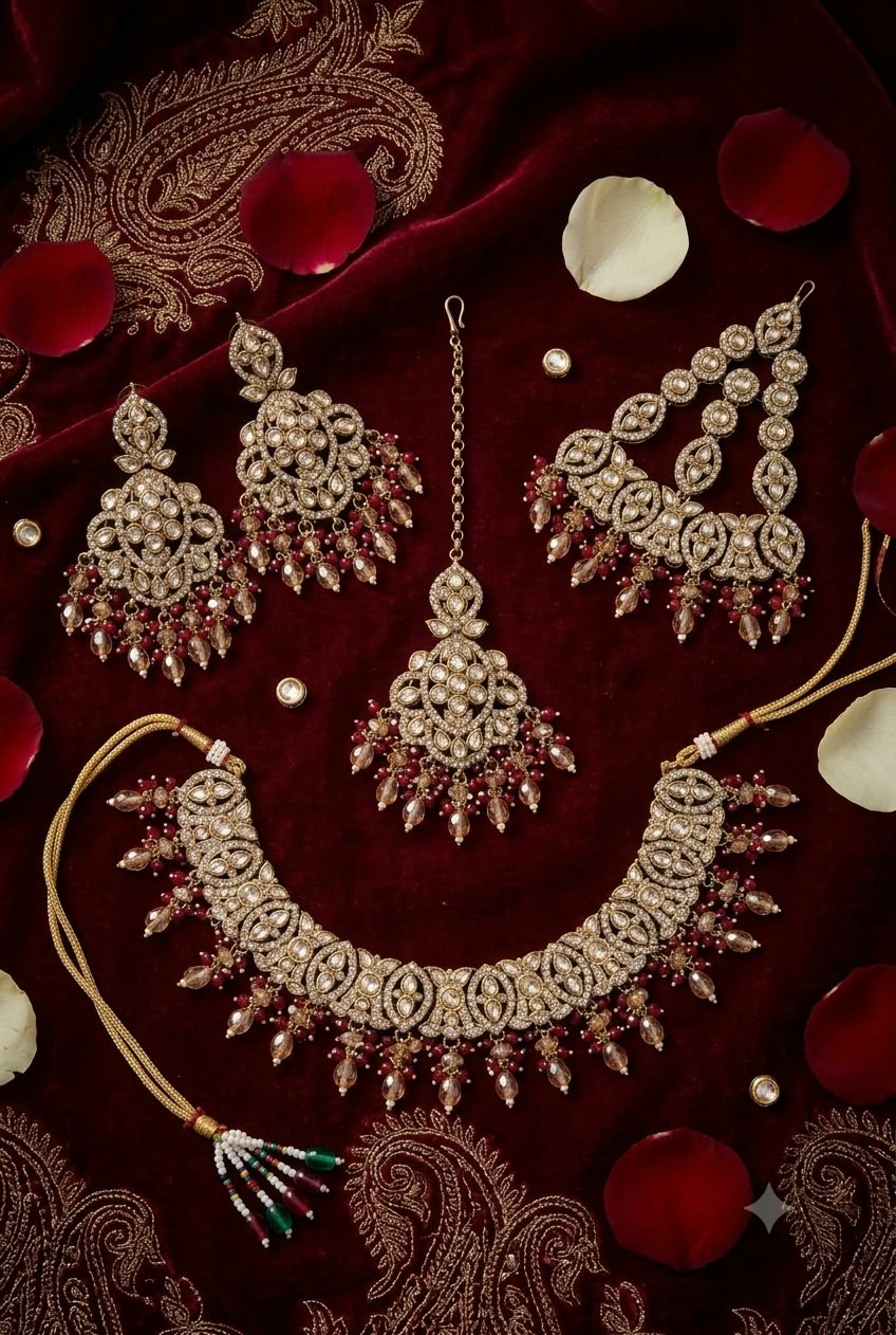 Traditional Gold-Plated Kundan and Maroon Bead Bridal Choker Necklace Set in Berlin