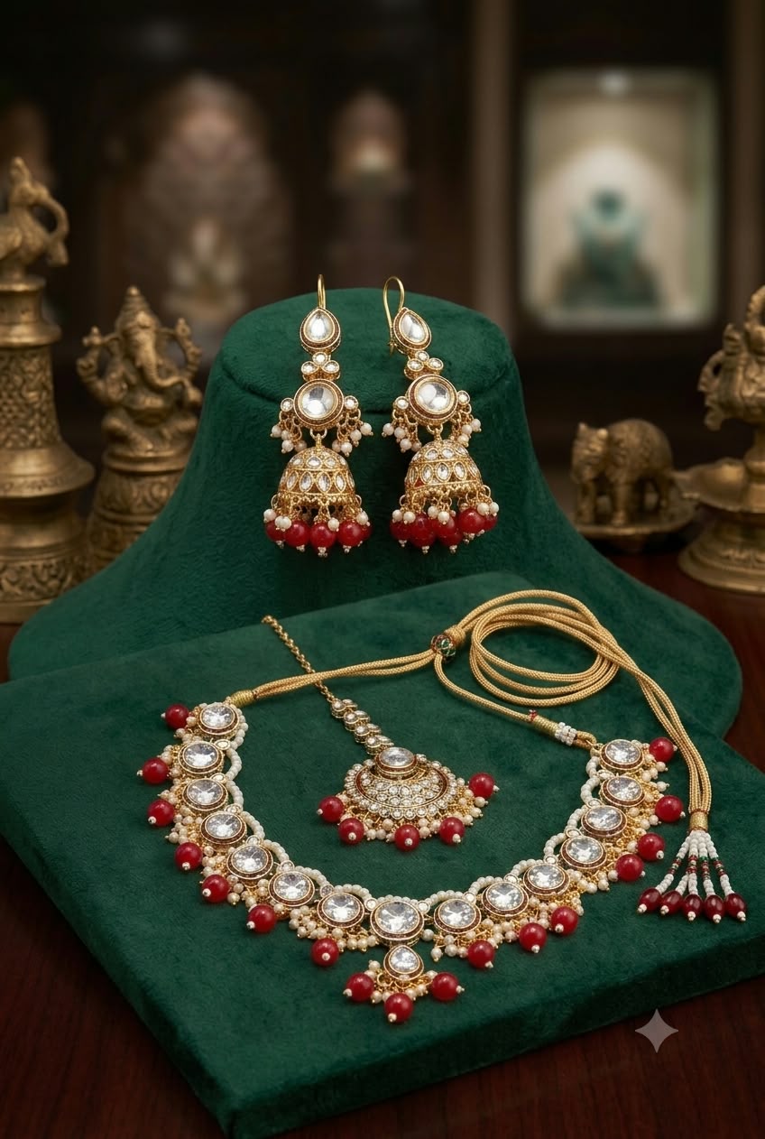 Gold-Plated Kundan and Red Bead Choker Necklace Set in Berlin