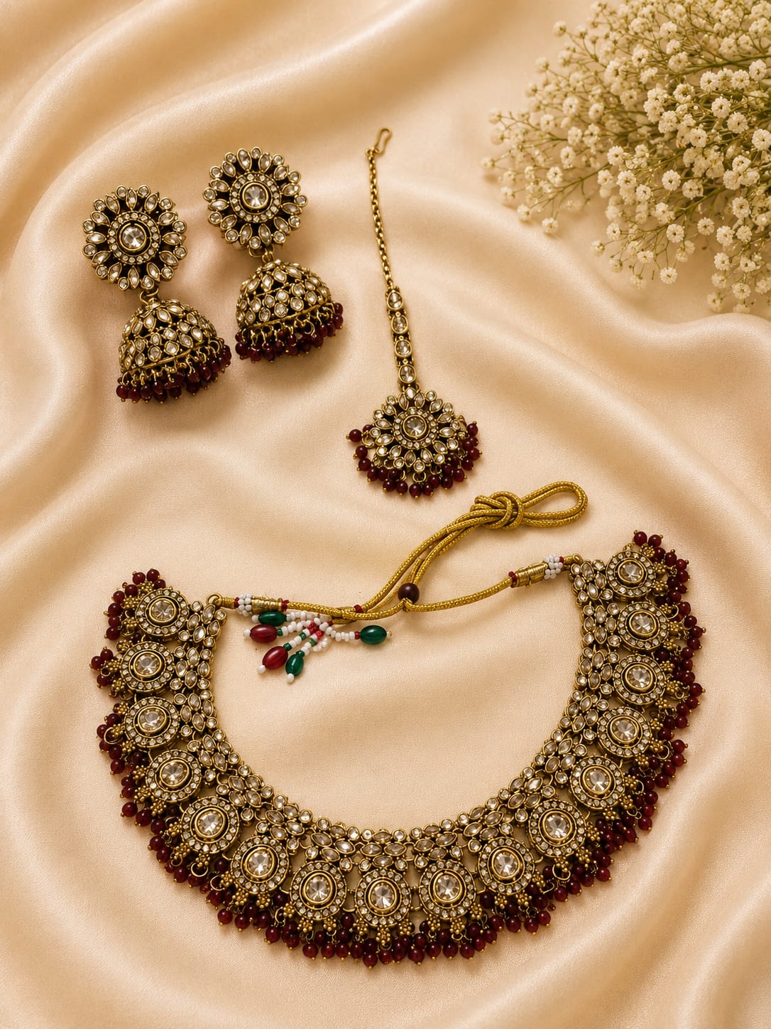 Gold-Plated Kundan Choker Necklace Set with Maroon Beads in Berlin
