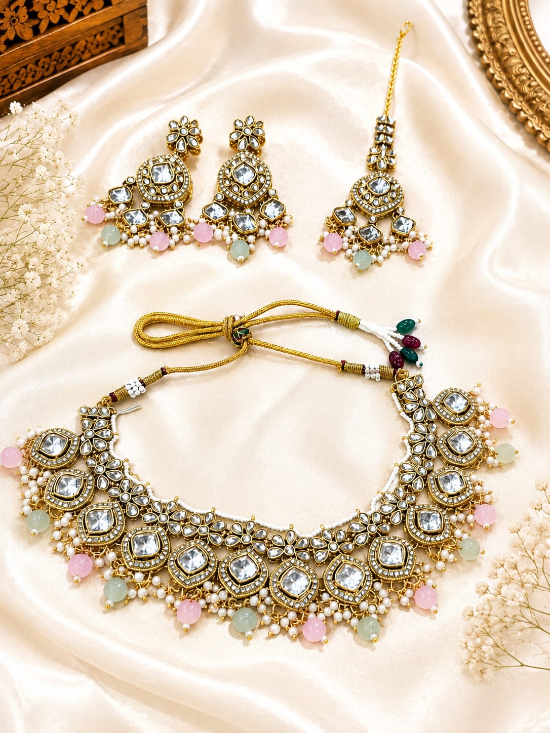 Royal Gold-Plated Kundan Choker Bridal Jewellery Set with Pastel Pink and Mint Green Beads in Berlin