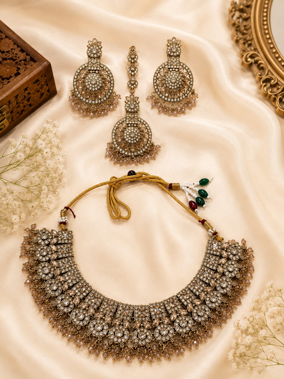 Traditional antique champagne gold Polki Kundan bridal jewelry set in Berlin
