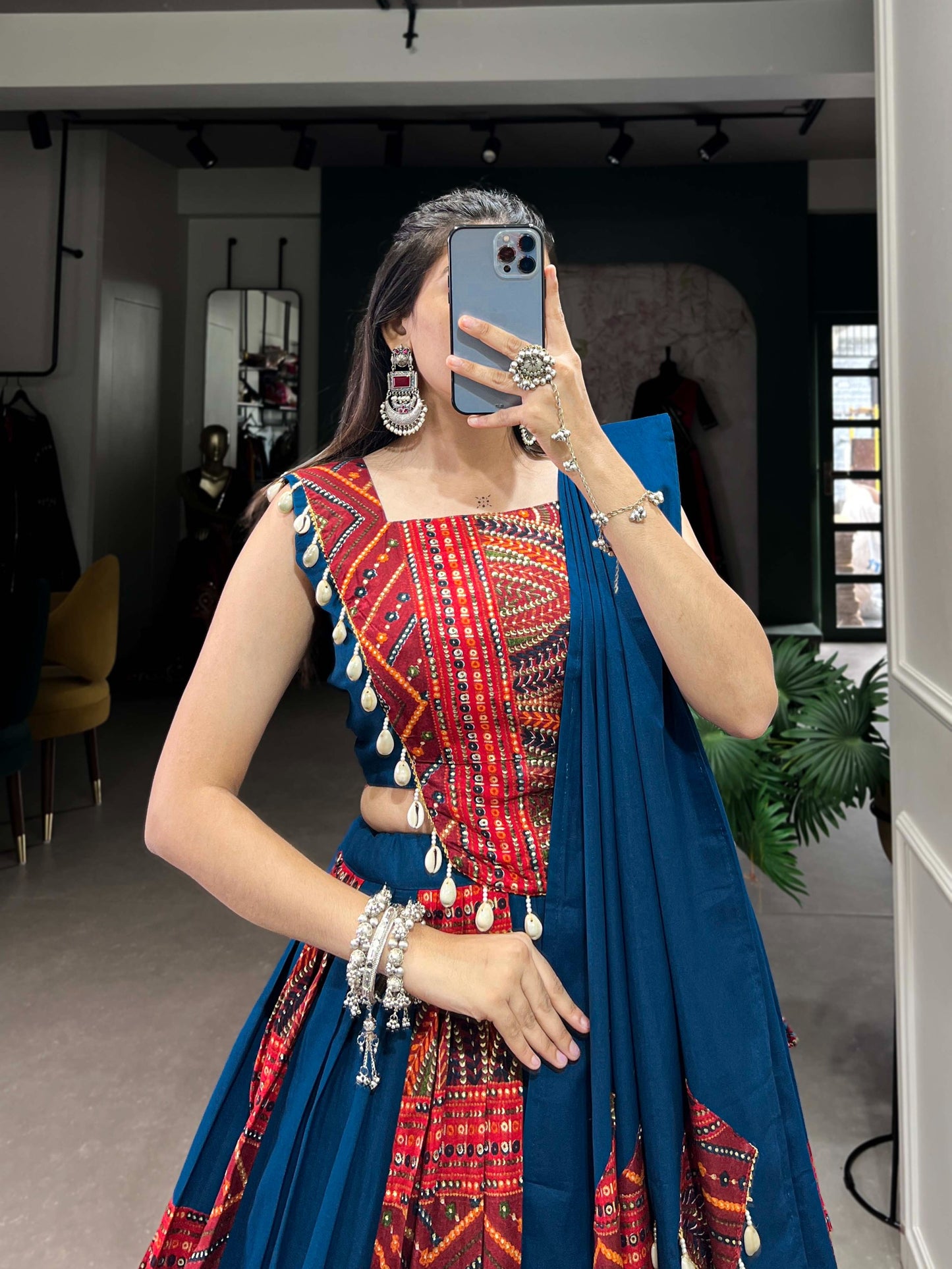 Traditional Blue & Red Printed Navratri Chaniya Choli Set in Germany