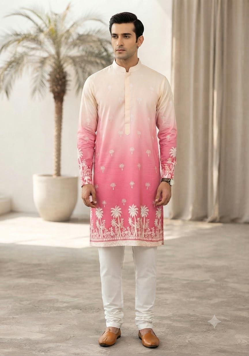 Men's Cream to Pink Ombré Printed Festive Kurta set in Berlin