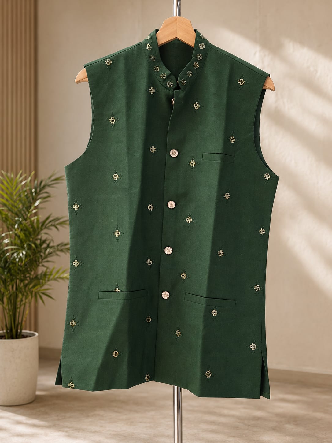Men's Dark Green Embroidered Cotton Blend Nehru Jacket in Berlin
