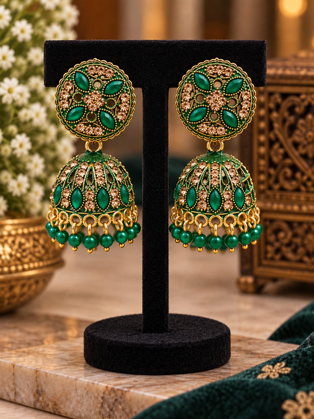 Antique Gold Plated Green Floral Jhumka Earrings in Germany