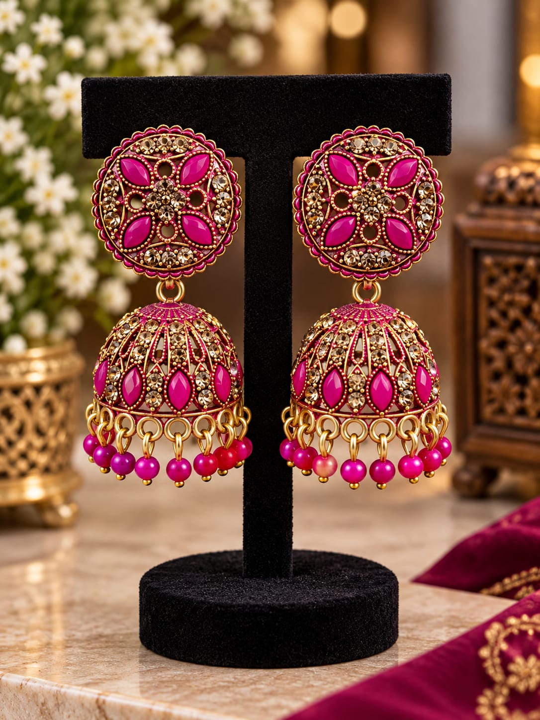 Antique Gold Plated Megenta Floral Jhumka Earrings in Germany
