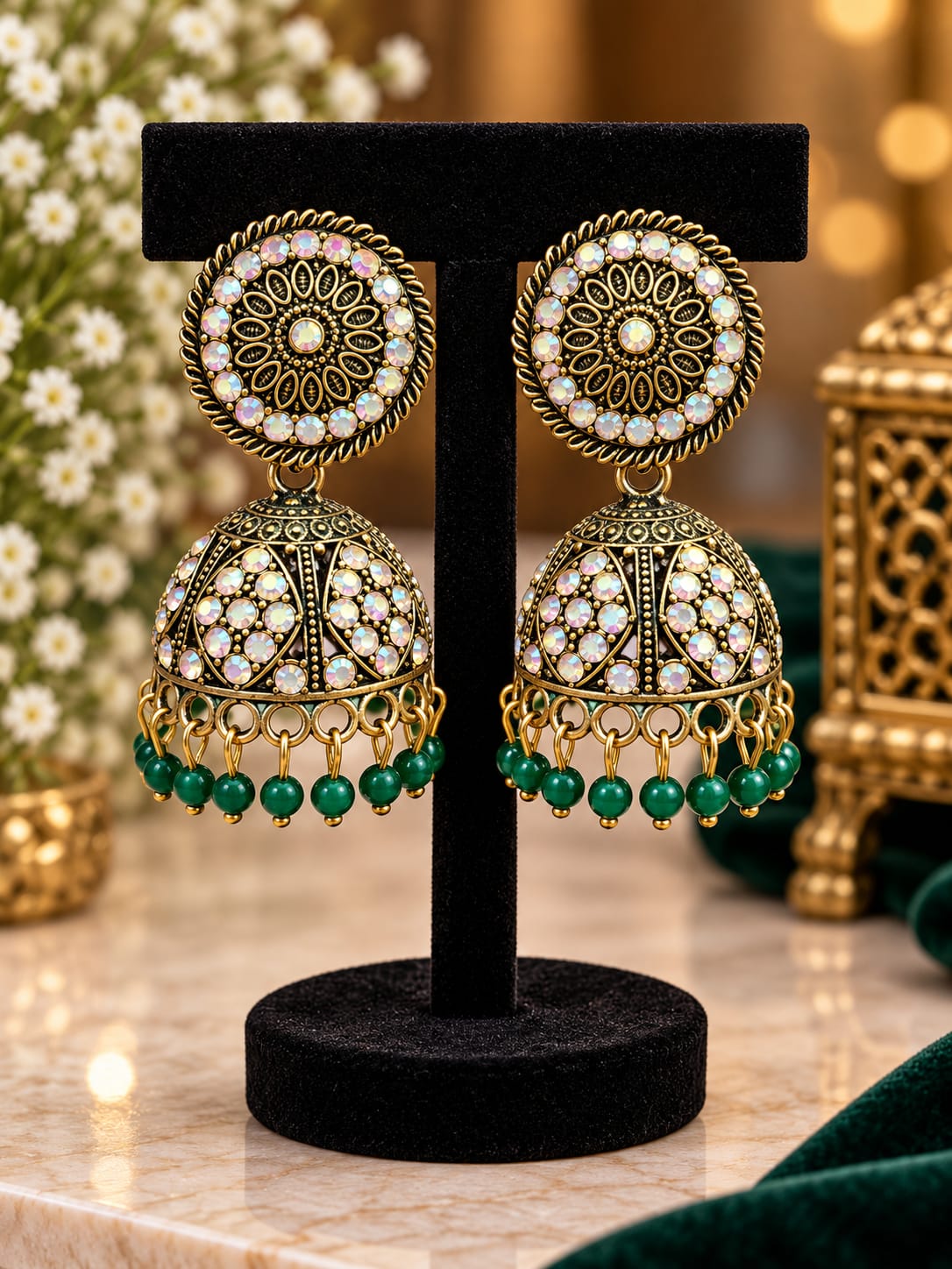 Traditional Antique Gold-Plated Jhumka Earrings with Iridescent Crystals and Green Bead Drops in Germany