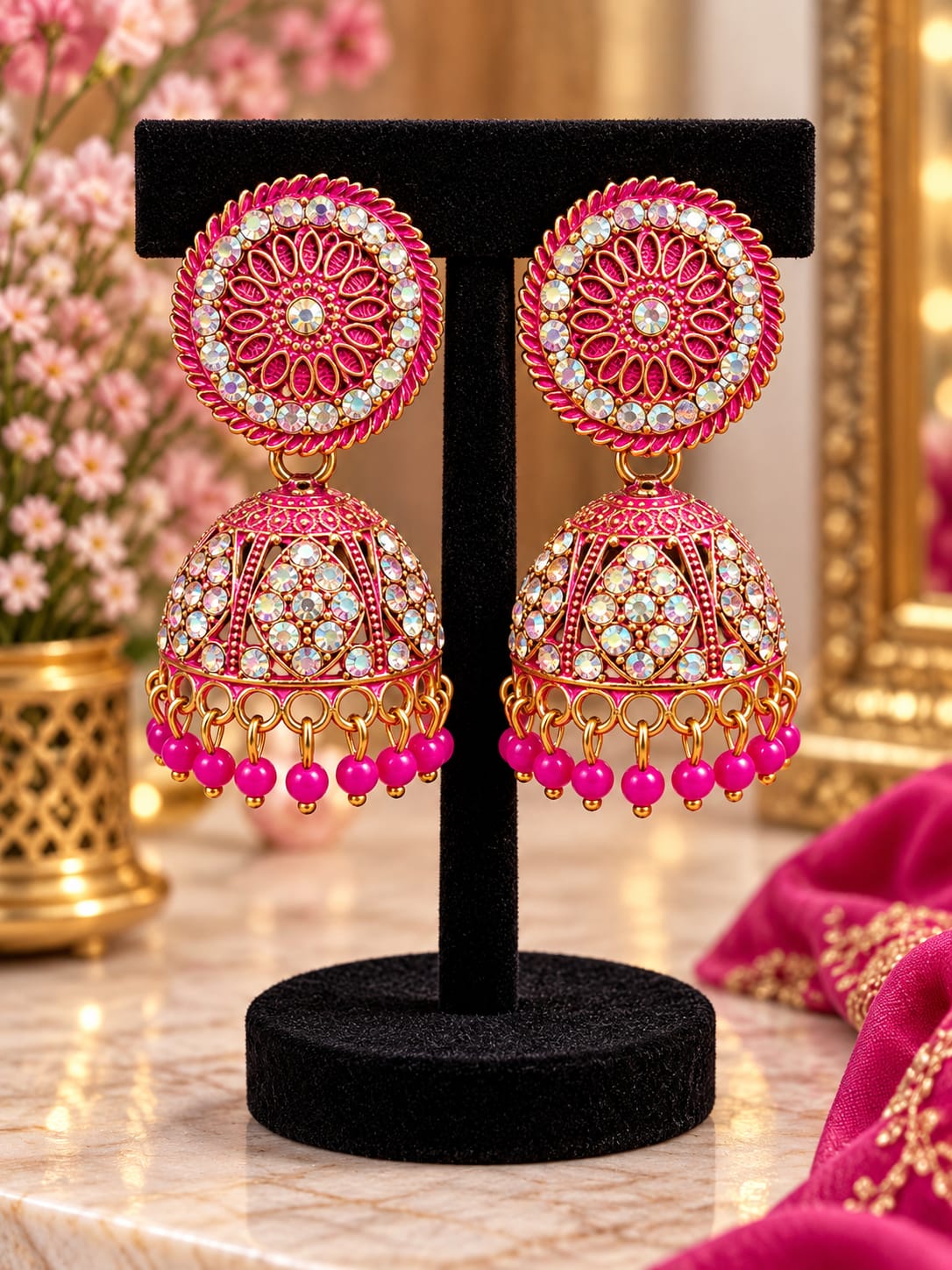 Traditional Antique Gold-Plated Jhumka Earrings with Iridescent Crystals and Pink Bead Drops in Germany