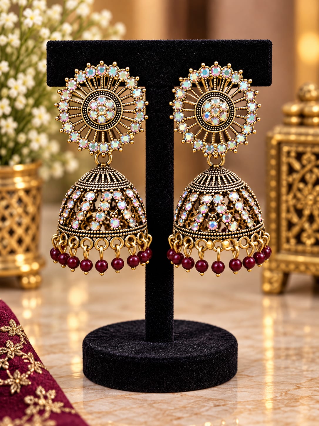 Traditional Antique Gold-Plated Jhumka Earrings with Aurora Borealis Crystals and Maroon Beads in Germany