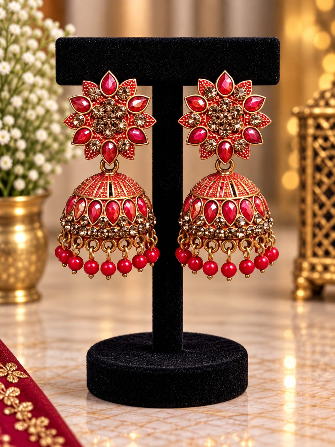 Traditional Red and Gold Meenakari Jhumka Earrings in Germany