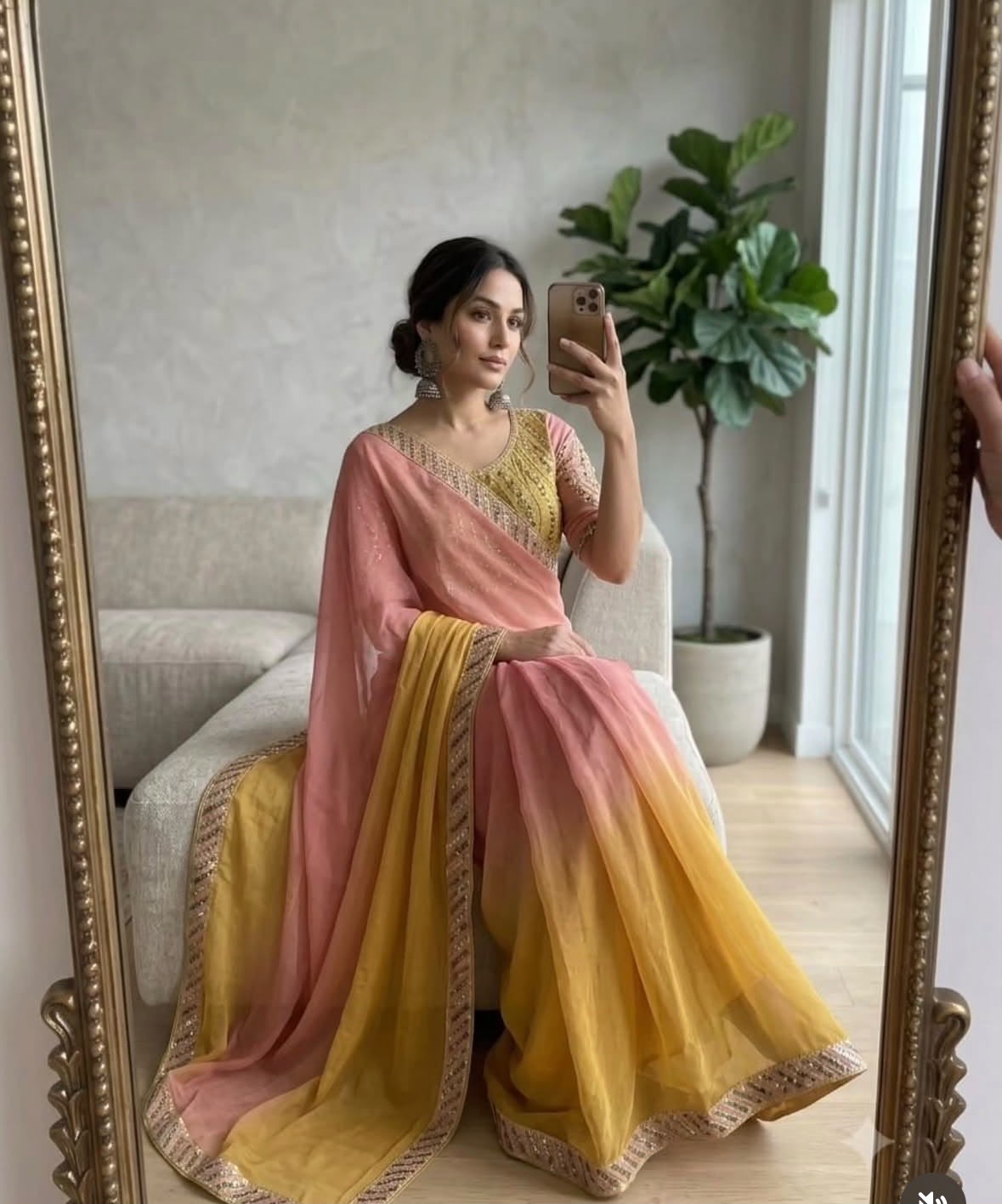 Elegant pink and yellow ombre chiffon saree and Stitched blouse in Germany