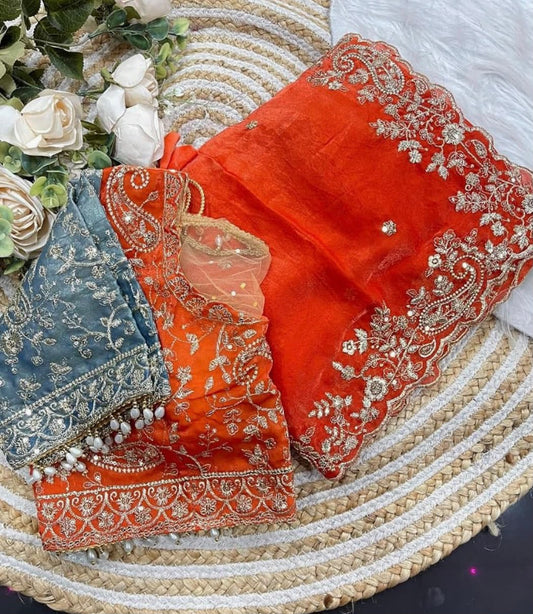 Dual-Tone Embroidered Satin Silk Saree with Ombre Gradient & Stitched Blouse embroidery and fabric detail - Neha Couture Indian Fashion