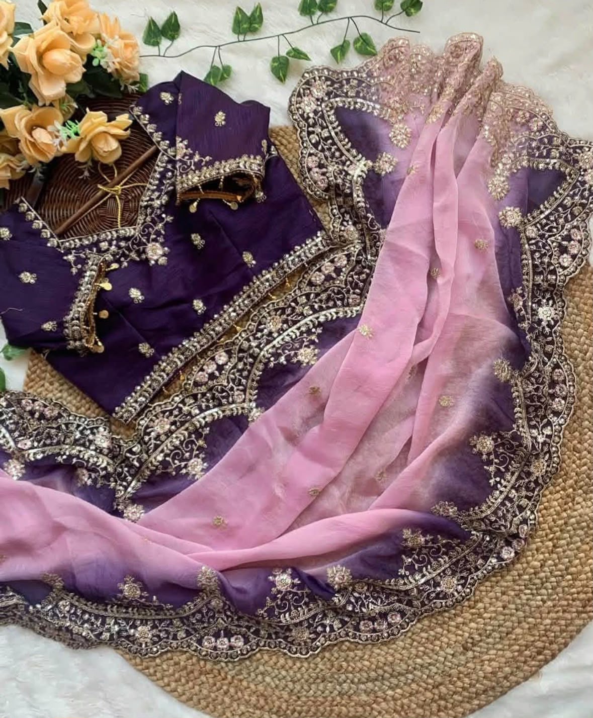 Pink and Purple Ombre Georgette Designer Saree with Heavy Embroidered Border and stitched Blouse in Germany