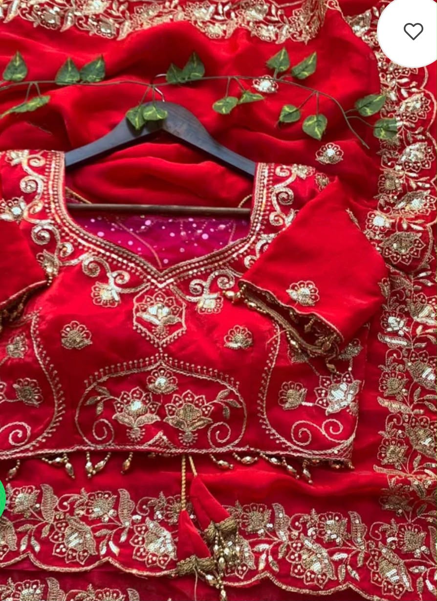 Red Embroidered Chiffon Saree with Scalloped Zari Border stitched Blouse in Germany