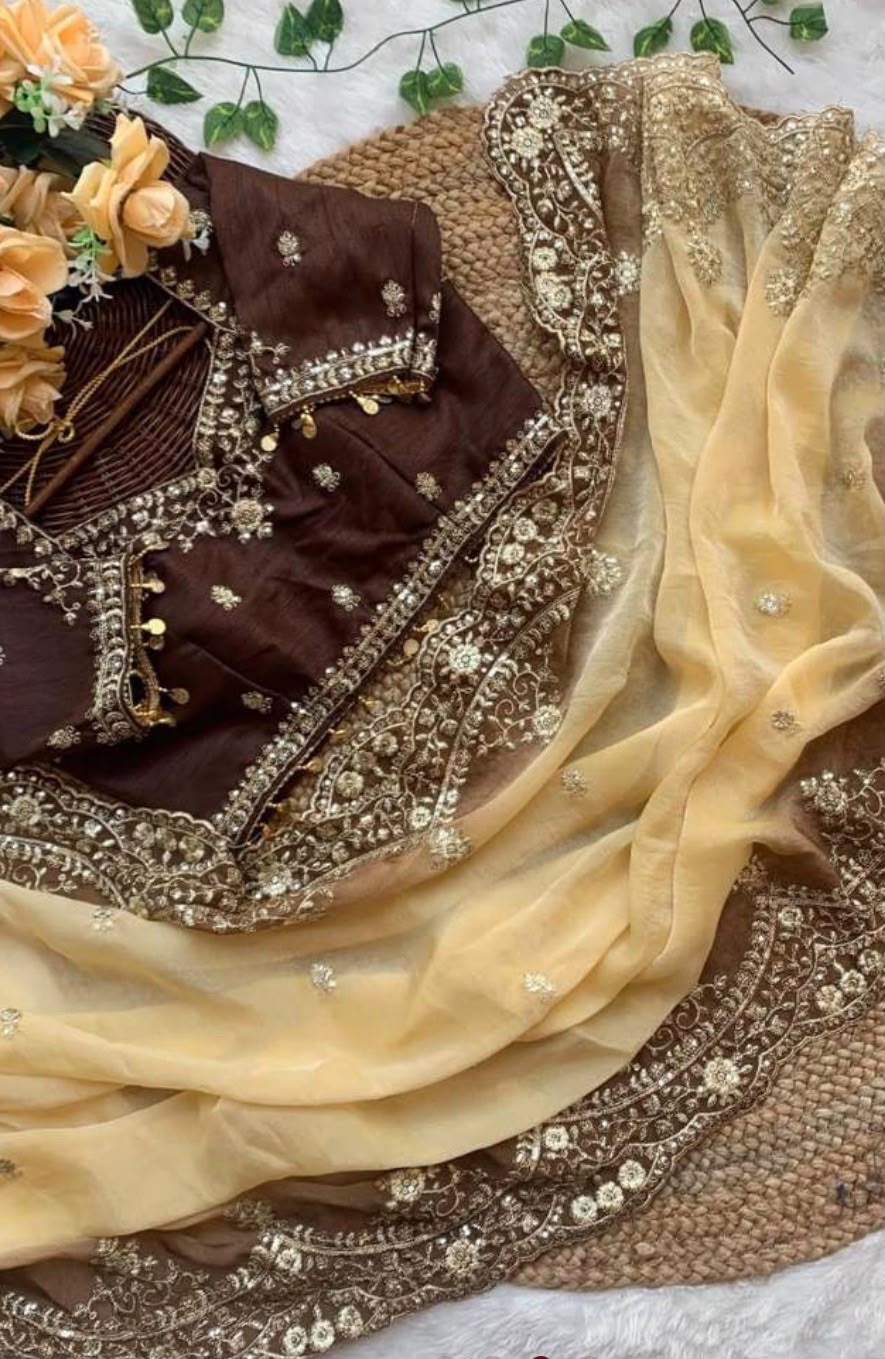 Elegant Espresso Brown and Cream Designer Saree with Intricate Gold Embroidery stitched Blouse in Germany