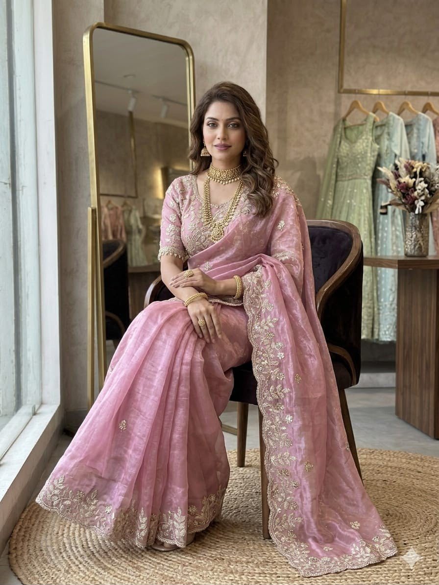 Blush Pink Embroidered Organza Saree stitched Blouse in Germany