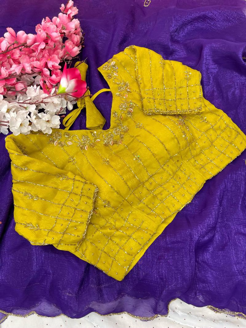 Purple Crunchy Silk Saree with a Contrast Mustard Yellow stitched Blouse in Germany